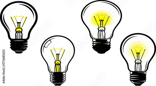Four light bulbs glowing brightly against a dark background representing ideas
