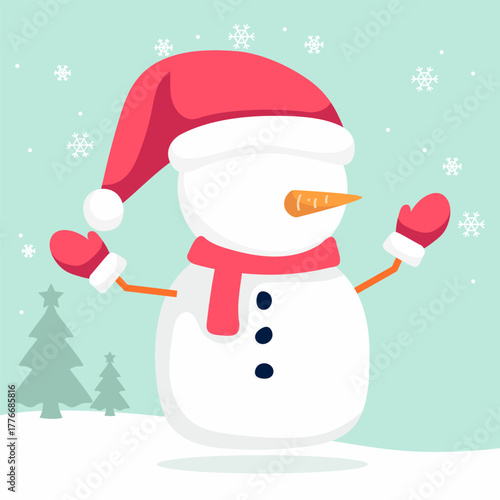 A cute cartoon snowman wearing a red Santa hat and scarf, with carrot nose and mitten hands, standing in a snowy landscape with snowflakes and pine trees.