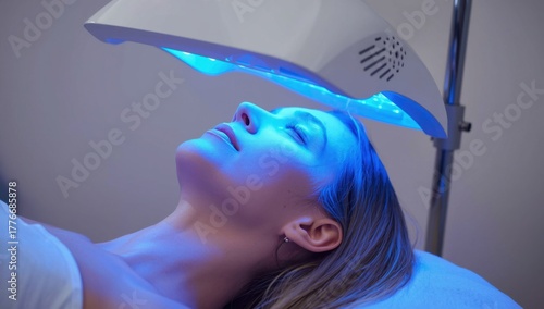 Woman receiving blue light therapy treatment for her skin at beauty clinic