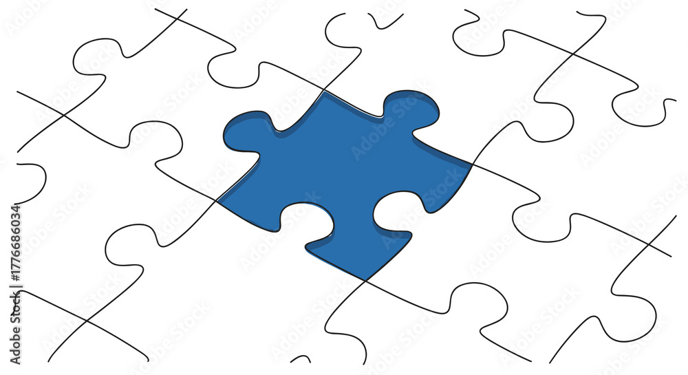 Fototapeta premium Puzzle piece fitting in, professional and conceptual, one-line art filled with corporate blue, representing solution, teamwork, partnership, and integration