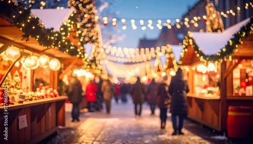 Wallpaper Mural Evening street scene, Christmas market with illuminated stalls, and blurred crowd Torontodigital.ca