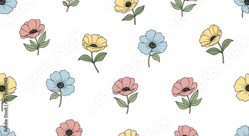 Hand-drawn repeating pattern of flowers, minimalist and delicate, soft muted pastel colors on white background, seamless tileable wallpaper illustration, with copy space