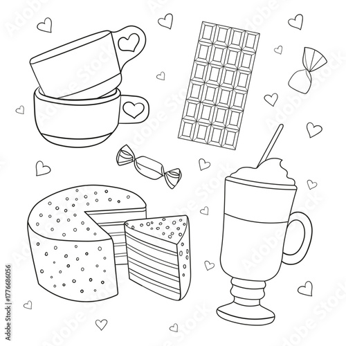 Set of coffee and sweets. Sketch.Coloring book antistress for children and adults. Illustration isolated on white background.