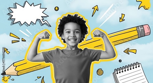 Young boy flexing muscles and smiling with school supplies background  