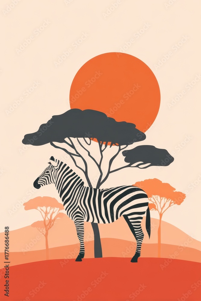 Obraz premium Stylized zebra in sunset landscape