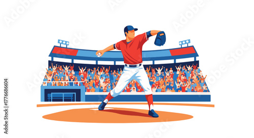 Flat vector of baseball pitcher throwing fastball on mound, symbol of power, precision, and athletic focus in professional sport