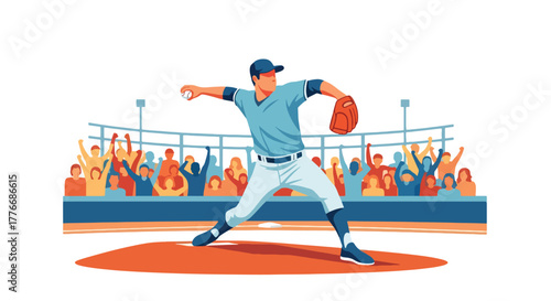 Flat vector of baseball pitcher throwing fastball on mound, symbol of power, precision, and athletic focus in professional sport