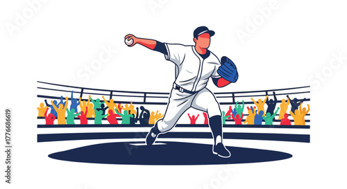 Flat vector of baseball pitcher throwing fastball on mound, symbol of power, precision, and athletic focus in professional sport