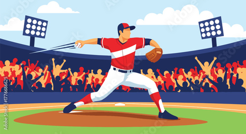 Flat vector of baseball pitcher throwing fastball on mound, symbol of power, precision, and athletic focus in professional sport