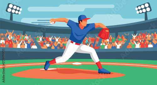 Flat vector of baseball pitcher throwing fastball on mound, symbol of power, precision, and athletic focus in professional sport