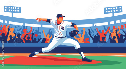 Flat vector of baseball pitcher throwing fastball on mound, symbol of power, precision, and athletic focus in professional sport
