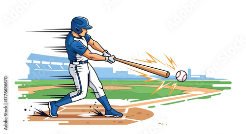 Flat vector of batter hitting baseball mid-air with strong swing, symbolizing energy, focus, and timing in sports excellence
