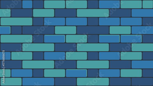 A blue and green brick wall pattern with rectangular and square shapes in a repeating arrangement