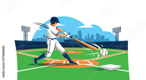 Flat vector of batter hitting baseball mid-air with strong swing, symbolizing energy, focus, and timing in sports excellence