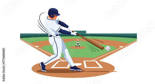 Flat vector of batter hitting baseball mid-air with strong swing, symbolizing energy, focus, and timing in sports excellence