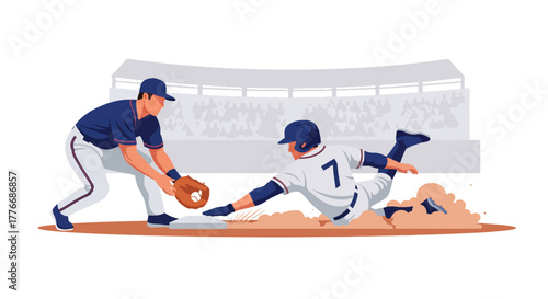 Flat vector of baseball player sliding to base while opponent tries to tag, symbol of energy, action, and speed