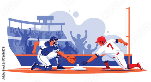 Flat vector of baseball player sliding to base while opponent tries to tag, symbol of energy, action, and speed