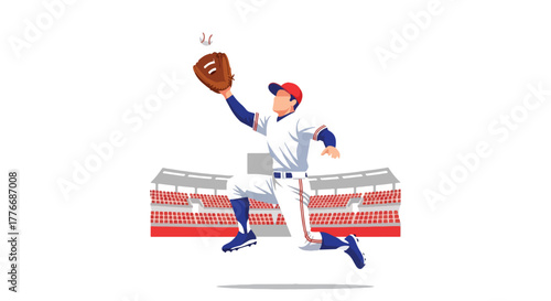 Flat vector of baseball player with glove catching fastball mid-air, symbolizing precision, reflex, and training