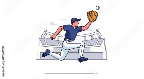 Flat vector of baseball player with glove catching fastball mid-air, symbolizing precision, reflex, and training