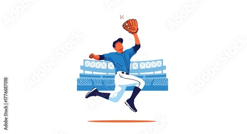 Flat vector of baseball player with glove catching fastball mid-air, symbolizing precision, reflex, and training
