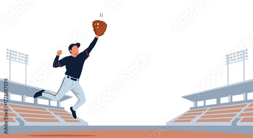 Flat vector of baseball player with glove catching fastball mid-air, symbolizing precision, reflex, and training