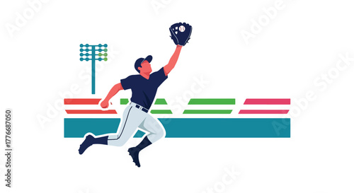 Flat vector of baseball player with glove catching fastball mid-air, symbolizing precision, reflex, and training