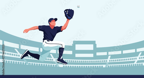 Flat vector of baseball player with glove catching fastball mid-air, symbolizing precision, reflex, and training