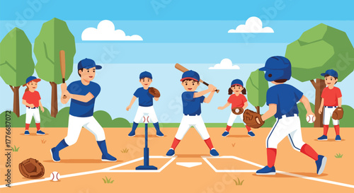 Flat vector of children practicing baseball with coach in park, symbolizing youth training and learning