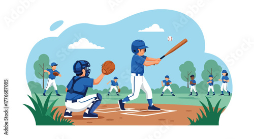 Flat vector of children practicing baseball with coach in park, symbolizing youth training and learning