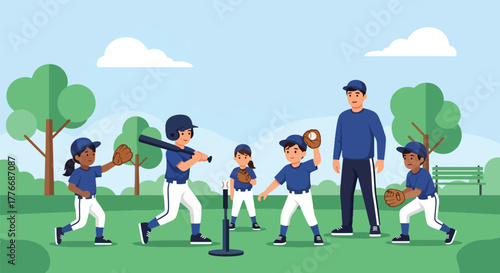 Flat vector of children practicing baseball with coach in park, symbolizing youth training and learning
