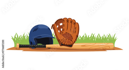 Fotografie Flat vector of bat, glove, helmet, and ball arranged on ground, equipment and pr