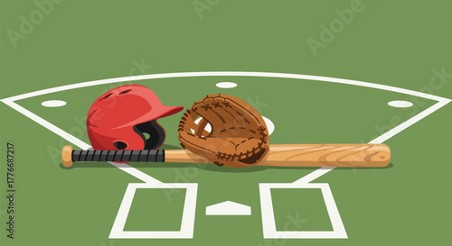 Obraz na plátně Flat vector of bat, glove, helmet, and ball arranged on ground, equipment and pr