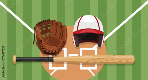 Flat vector of bat, glove, helmet, and ball arranged on ground, equipment and preparation composition