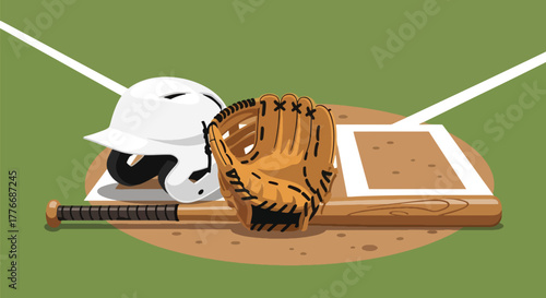 Flat vector of bat, glove, helmet, and ball arranged on ground, equipment and preparation composition