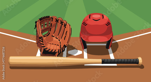 Flat vector of bat, glove, helmet, and ball arranged on ground, equipment and preparation composition
