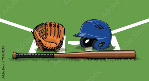 Flat vector of bat, glove, helmet, and ball arranged on ground, equipment and preparation composition