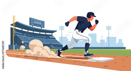 Flat vector of baseball player sprinting between bases, energy and determination theme