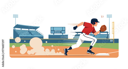 Flat vector of baseball player sprinting between bases, energy and determination theme