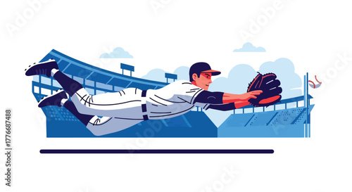 Flat vector of baseball outfielder diving to catch flying ball, action, agility, and determination theme