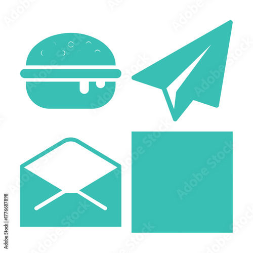 A collection of four teal icons: a hamburger, a paper airplane, an open envelope, and a solid square, arranged in a grid.