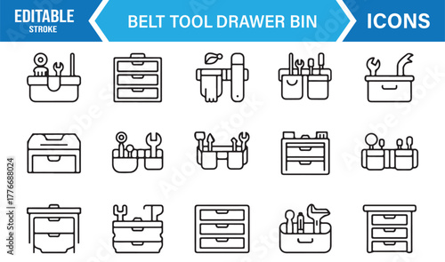 Vector illustration of tool drawers and bins – editable stroke icons for industrial and DIY design.