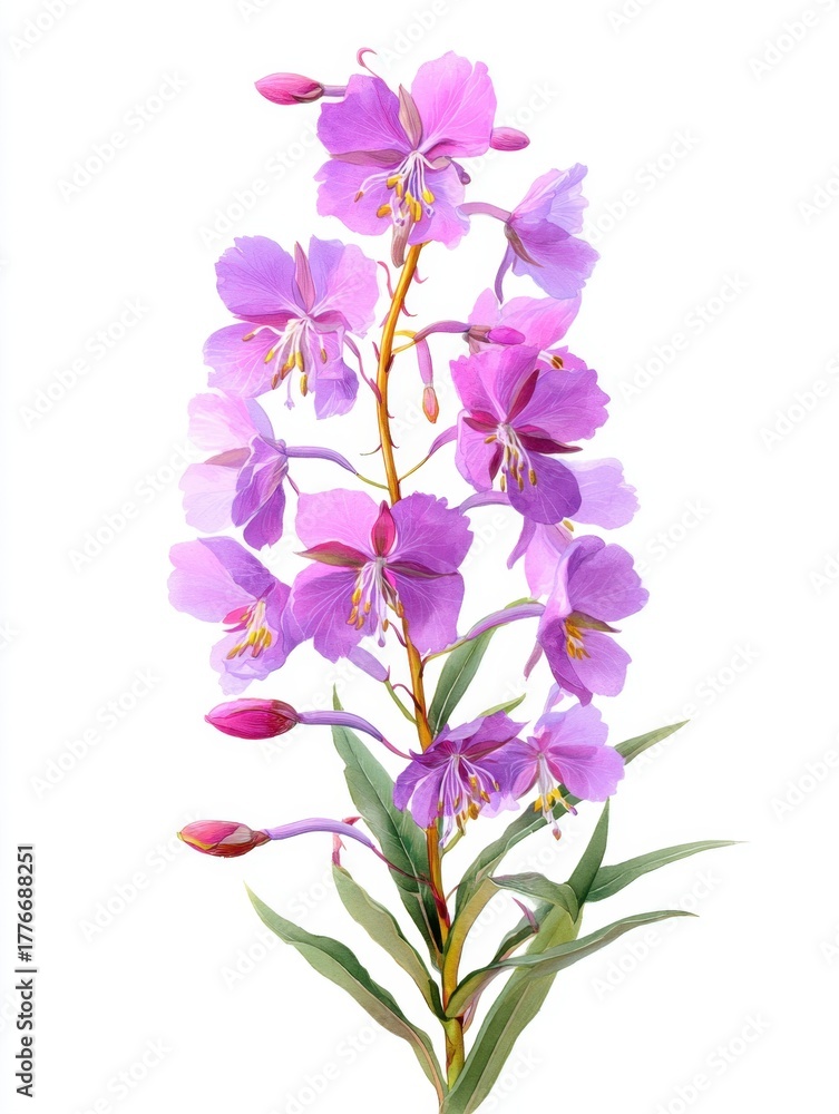 Obraz premium A vibrant illustration of a flowering plant featuring clusters of pink blossoms and green leaves against a clean background.