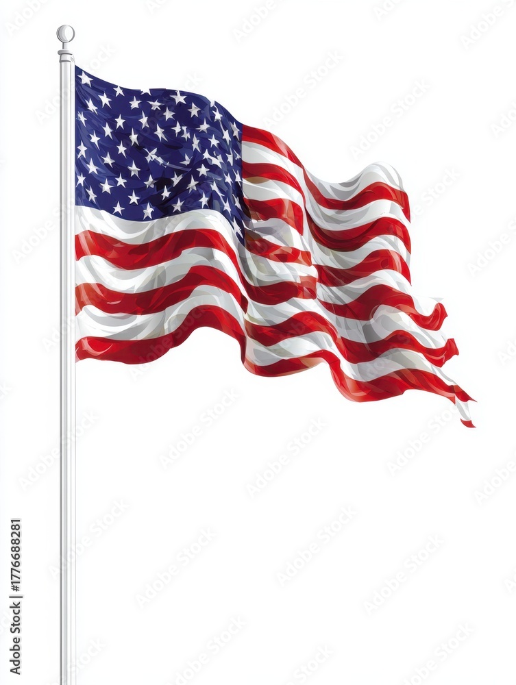 Obraz premium A vibrant American flag waves gracefully, showcasing its stars and stripes against a bright background, symbolizing patriotism and national pride.