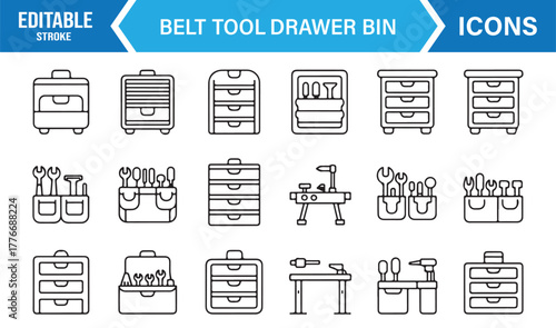 Line vector icons of tool drawers, belts, and bins – editable stroke workshop and repair set.