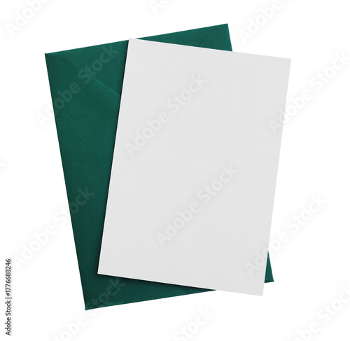 White birthday card mockup with emerald green envelope isolated on transparent background. Blank invitation, greeting card template for Christmas, wedding or business stationery design.