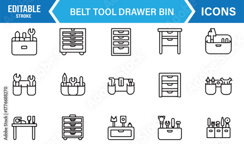 Belt tool drawer bin icon set – editable stroke vector of toolbox, storage, and workshop equipment.