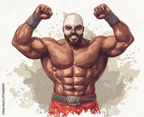 Modern clip art illustration featuring a Mexican wrestler running with an angry face, utilizing simple gradients, and presented on a single layer