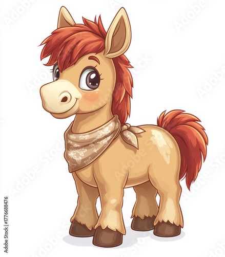 This image shows a cartoon female donkey with a red bandanna, illustrated in a modern clip art style with simple gradients, all on a single layer