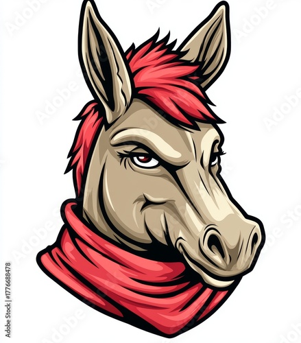 Modern clip art illustration of a cartoon female donkey in a red bandanna, with simple gradients, all contained on one layer