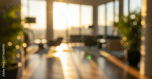 Elegant interior softly illuminated by daylight through glass walls, with a blurred view of furniture and plants.